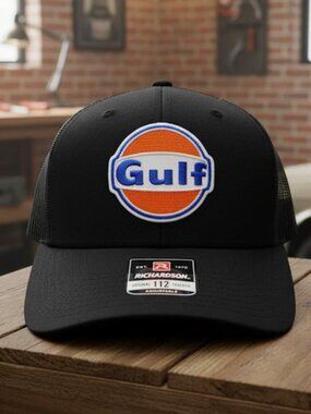 Gulf Oil Hat Made in USA Patch Trucker Cap Black Richardson 112 Mesh Snapback Ne